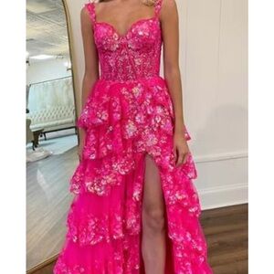 Sherri Hill #55500 Vibrant Pink Floral High Low Dress